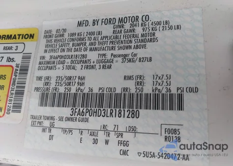 2020 Ford Fusion Se из США, поврежденный, VIN 3FA6P0HD3LR181280